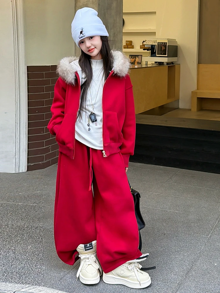 thiened-fce-red-outfit-for-girls-winter-casual-sle-cotton-blend-fabric-warm-and-breathable-two-piece-set-with-hat