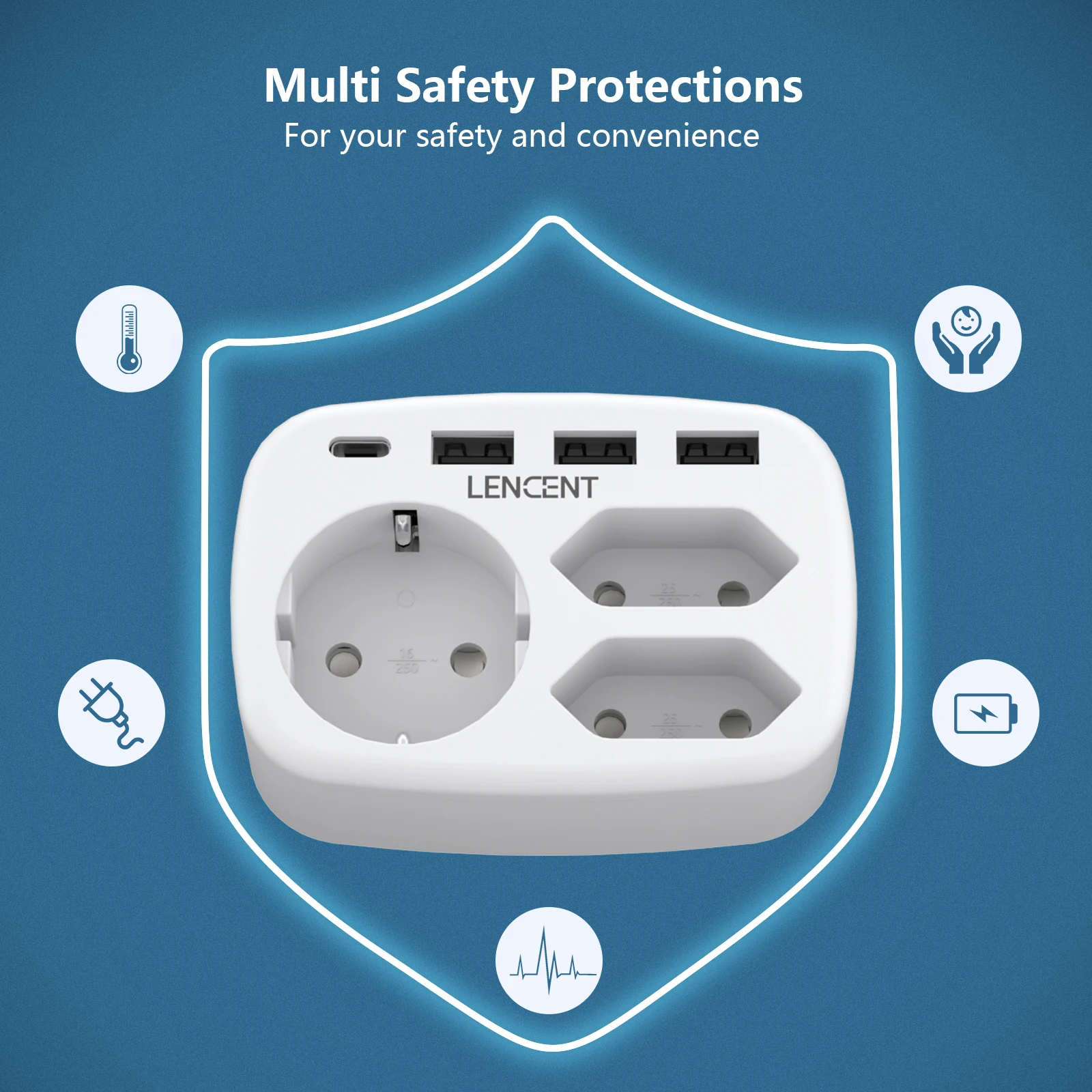 LENCENT EU Multiple Wall Plug 7 in 1 Socket with 3 AC Outlets 3 USB Ports and 1 Type C Multiple Plug Adapter for Home and Office