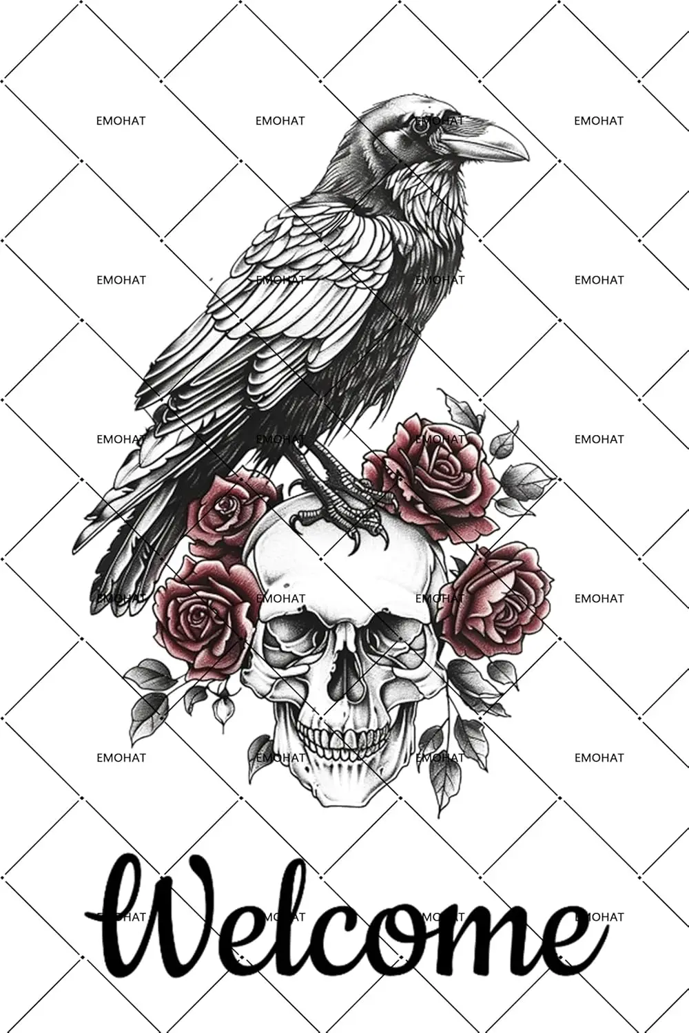 EMOHAT Metal Tin Signs Skull Welcome Sign Bird Rest on Skeleton Head Red Rose Day of The Dead Metal Signs Wall Art Decor Farmhou