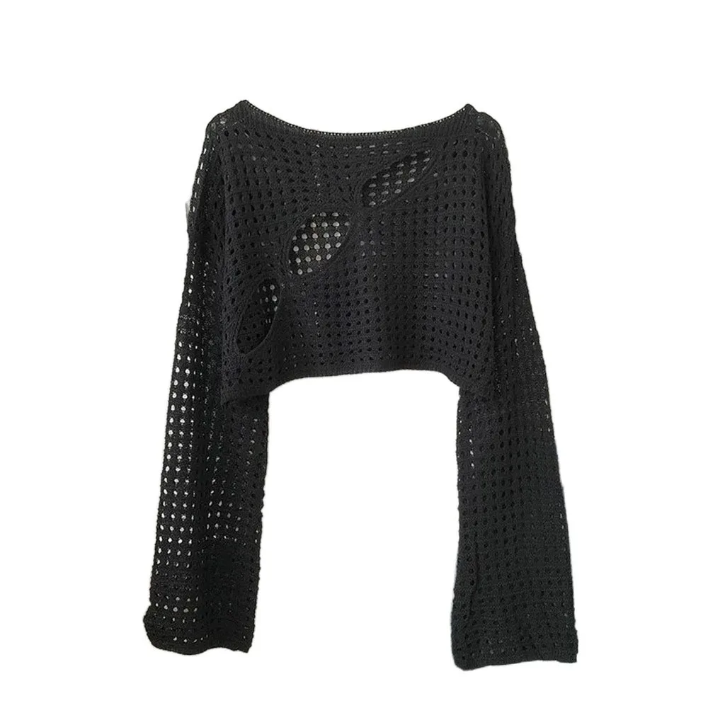 

T-Shirt Cover Ups Long Sleeve Hollowed Out Smock Knitted Loose Solid Cropped Tops Pullover Y2K Hollow Out Knit Tops Daily Wear