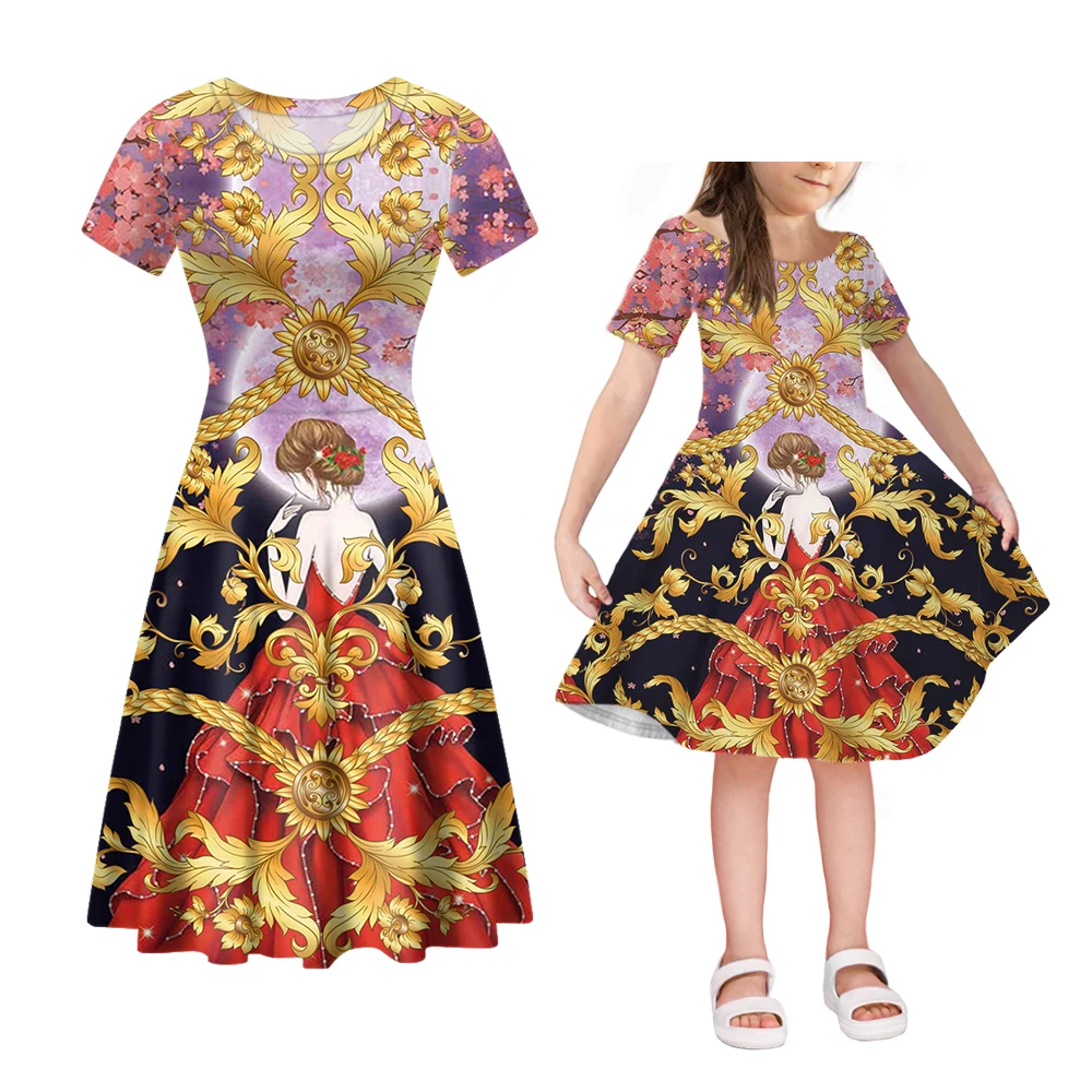 Noisydesigns Summer Luxury Flower Elegant Red Dress Golden Baroque Queen Pattern Family Matching Clothes Mom And Daughter Dress