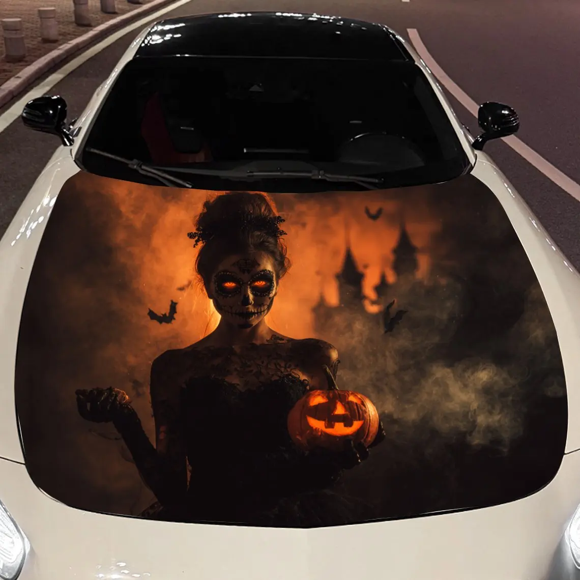 Woman with Halloween Makeup and Pumpkin Lantern Car Vinyl Wrap, PVC Material Waterproof Car Hood Sticker, Self-Adhesive Scratch-