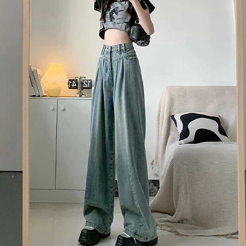 2024 Women Korean Pleated Jeans Girls High Waist Washed Loose Retro Blue Light Blue Denim Trousers Wide Leg Pants Lady Fashion