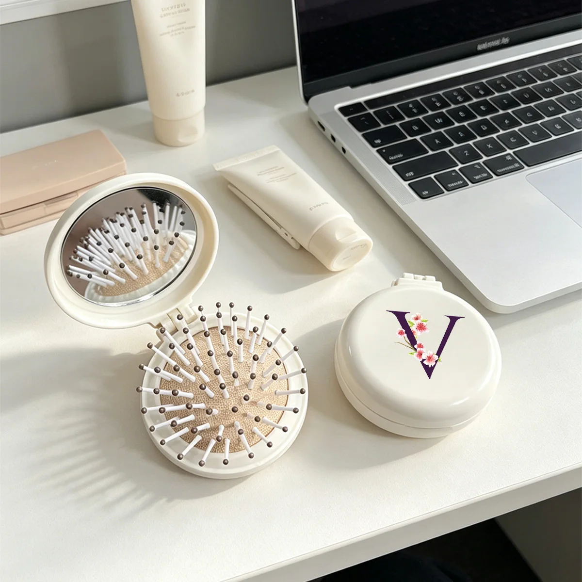 Mini Foldable Airbag Hair Comb with Built-in Mirror, Scalp Massage Detangler Brush, Anti-static Fluffy Styling Tool, Pocket Comb