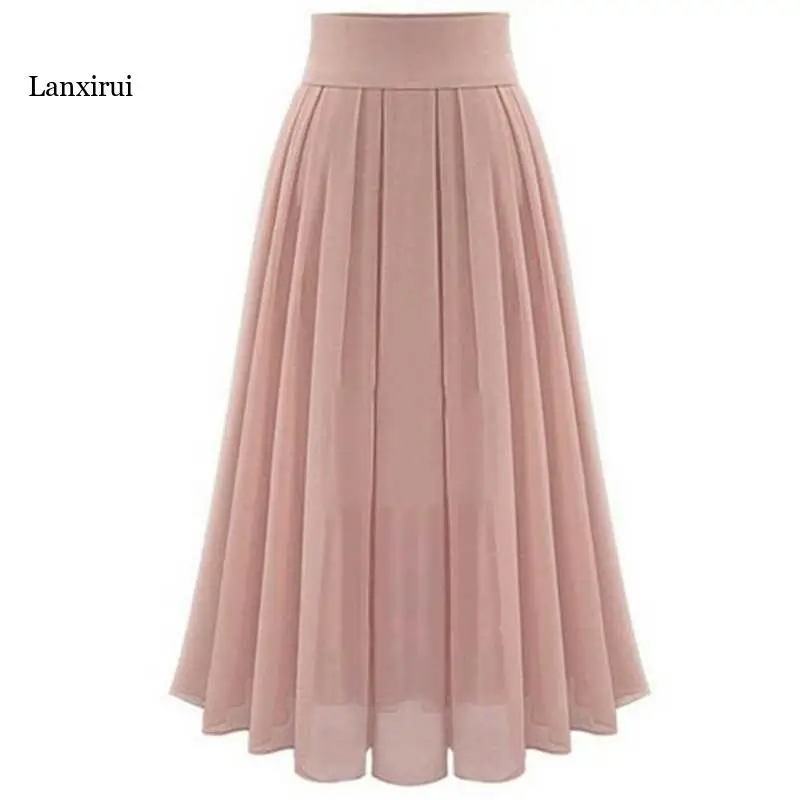 Retro Pleated Waist Double Chiffon Maxi Layer Long Women Elastic Hot Skirt