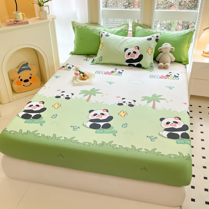 Kawaii Cartoon Panda Fitted Sheet with 2 Pillowcase Bamboo Tree Bed Sheet Set Cotton Bed Cover with Deep Pocket for Child Teen