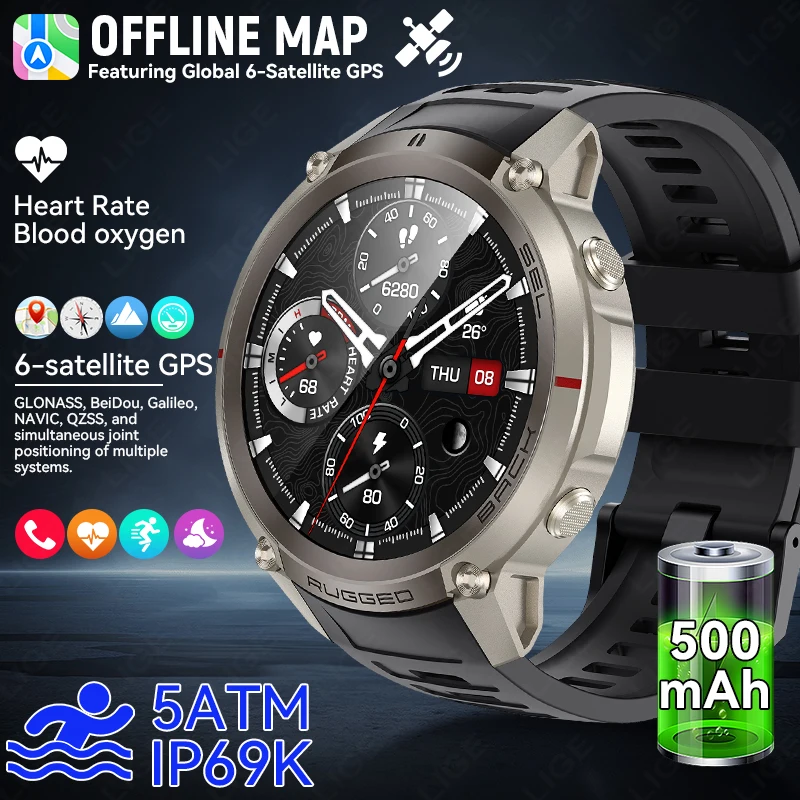 Neue Outdoor Taktische GPS Smartwatch Offline-Karte Kompass Herzfrequenzmesser Fitness-Tracker 5ATM Wasserdicht Sport BT-Anruf-Uhr