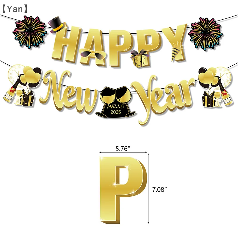新年あけましておめでとうございます紙の花輪の旗、旗バナー、家のメリークリスマスパーティーの吊り下げ装飾、黒と金、2020