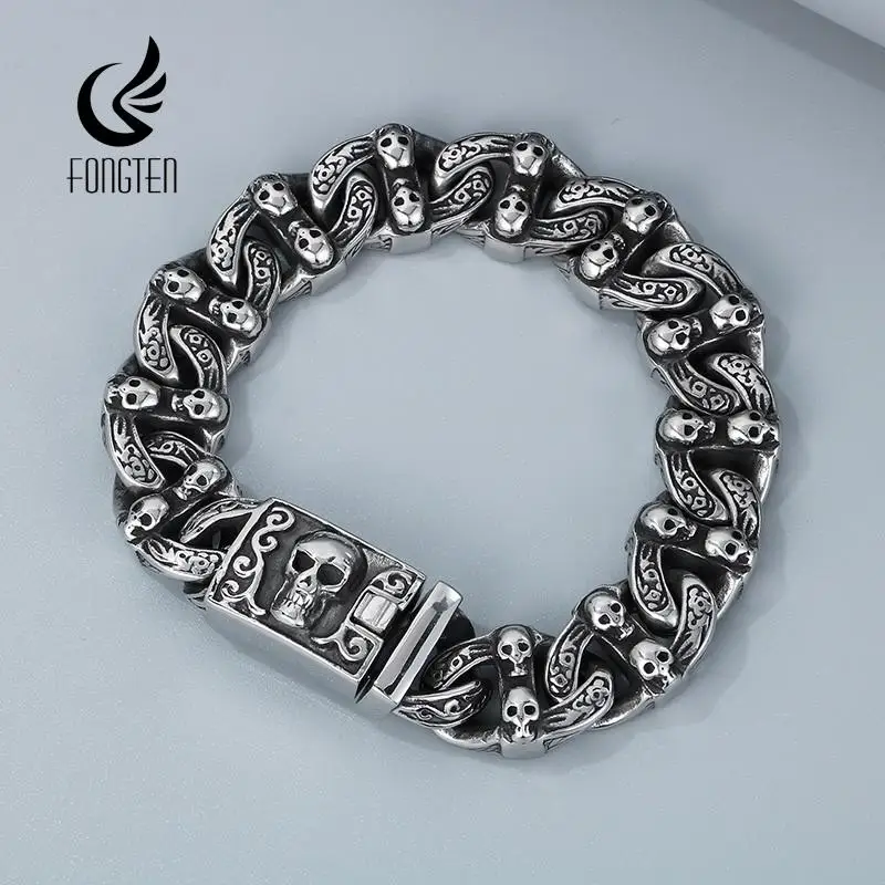 Fongten 21.5cm Skull Charm Bracelets For Men Stainless Steel Cuban Chain Men Bangle Bracelet Silver Color Skeleton Jewelry