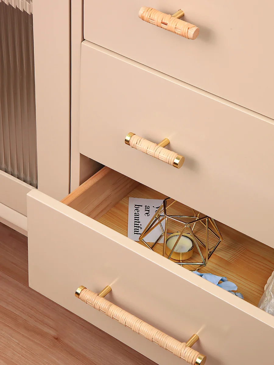 Rattan Weaving Creative T Shape Cabinet Handles Brass Modern Wardrobe Pulls Wooden Drawer Cupboard Door Knobs Furniture Hardware