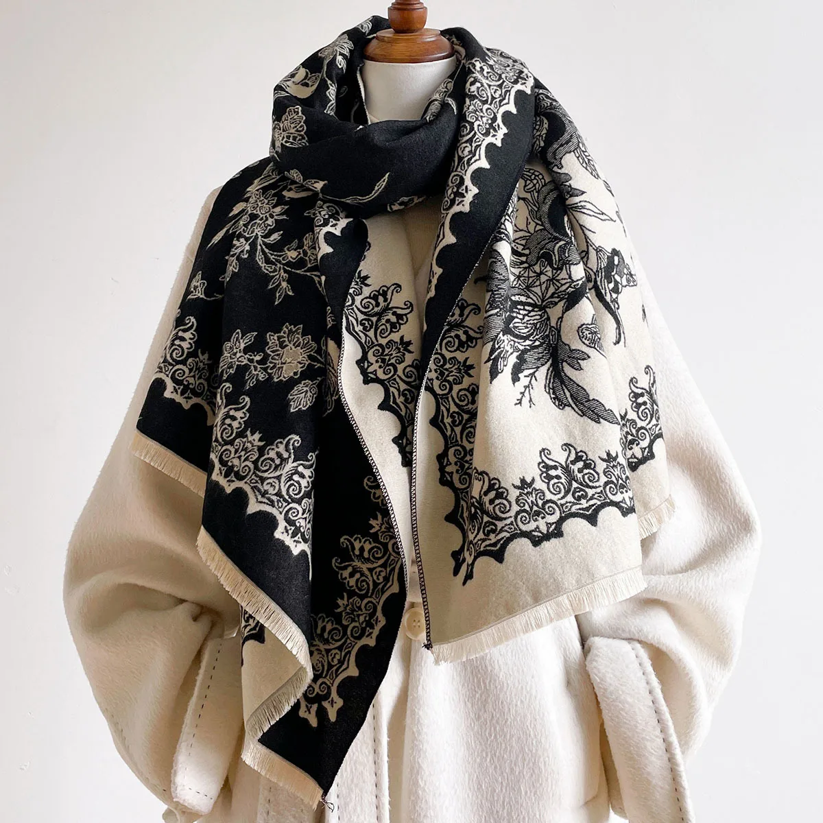 Women Imitation Cashmere Scarf Fringed Thick Warm Shawl Reversible Winter Print Scarf Pashmina Autumn Large Blanket Wrap