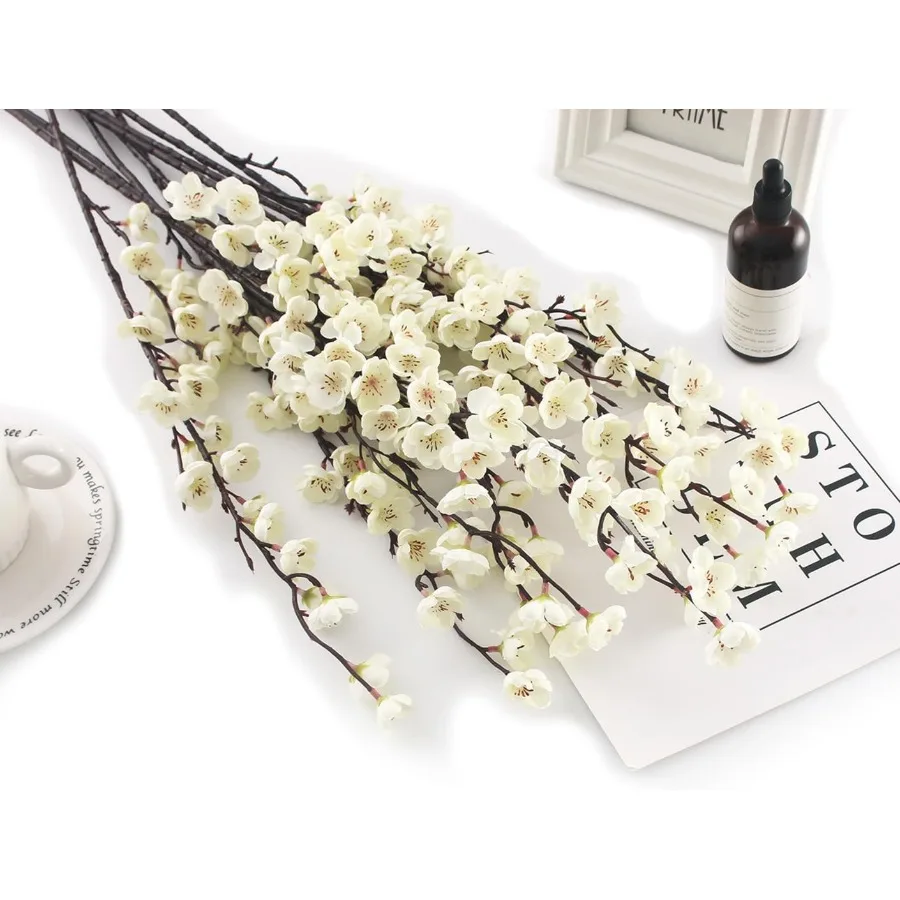 5 Pcs Artificial Plum Blossom Fake Wintersweet Long Stem Plastic Flowers Home Hotel Office Wedding Party Garden Decor 27.5'' Hi