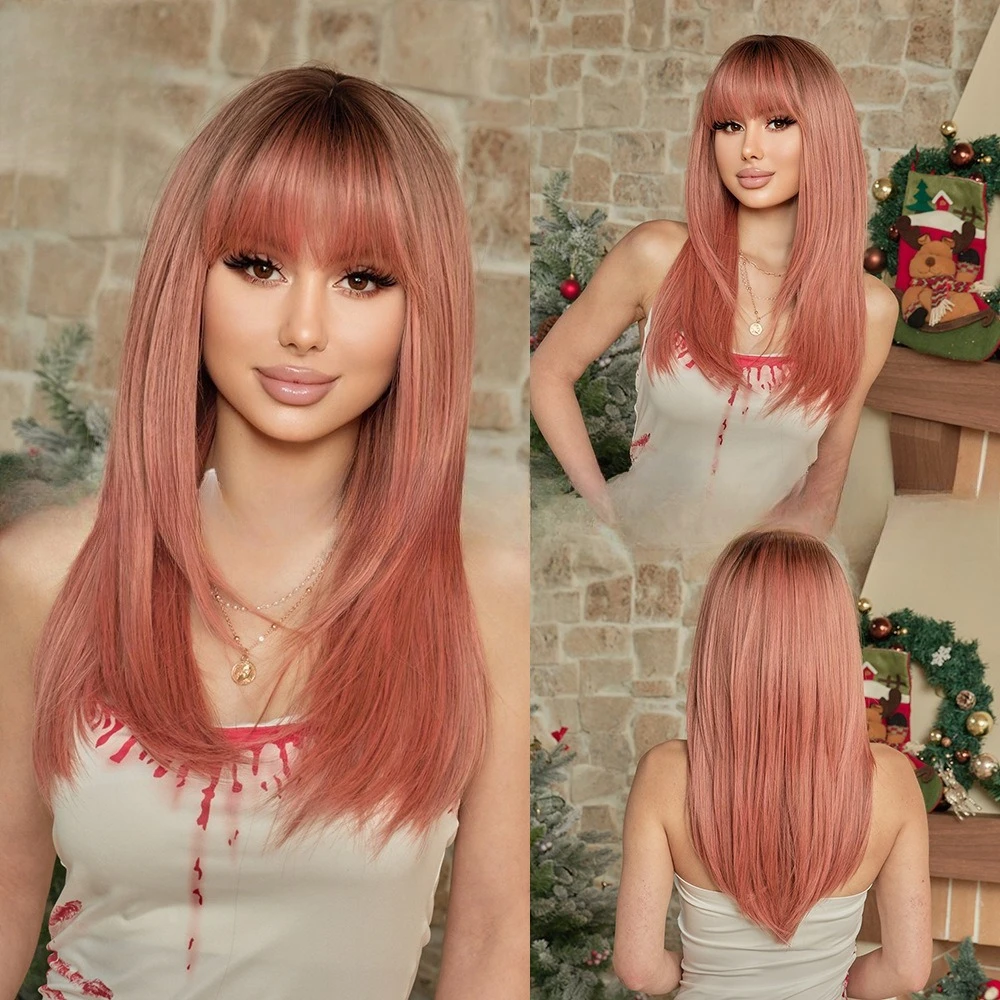 Hot-selling European and American wigs dyeing gradual change pink wig head cover Qi bangs hair tail buckle whole wig cover