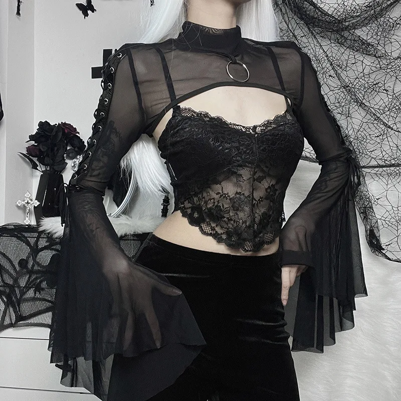 Womens Gothic Punk Flare Sleeve Crop Top Rave Party Cosplay Outfit See-through Mesh Shrug Mock Neck O Ring Lace-up Tops Clubwear