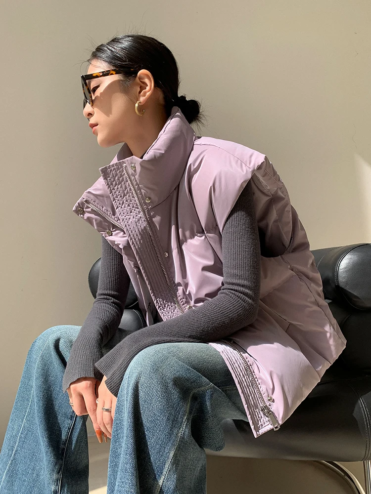 

JWUNIQUE Purple Wine Color Stand Collar Svel down Vest Women's Winter ort Jaet Outerwear Polyester Fiber Zipper