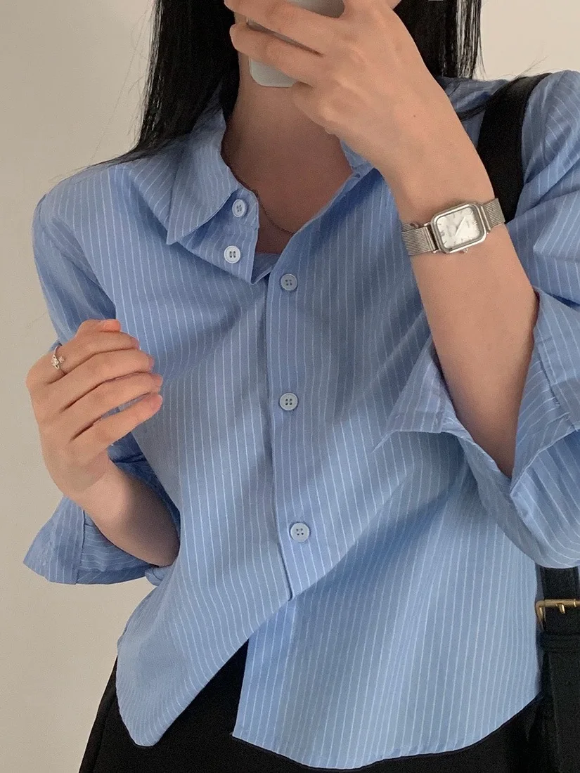 

Синяя женская рубашка-жакет в полоску с длинным рукавом, укороченная, весенне-осенняя, в французском стиле, прямого кроя, легко надеваемый кардиган-топ