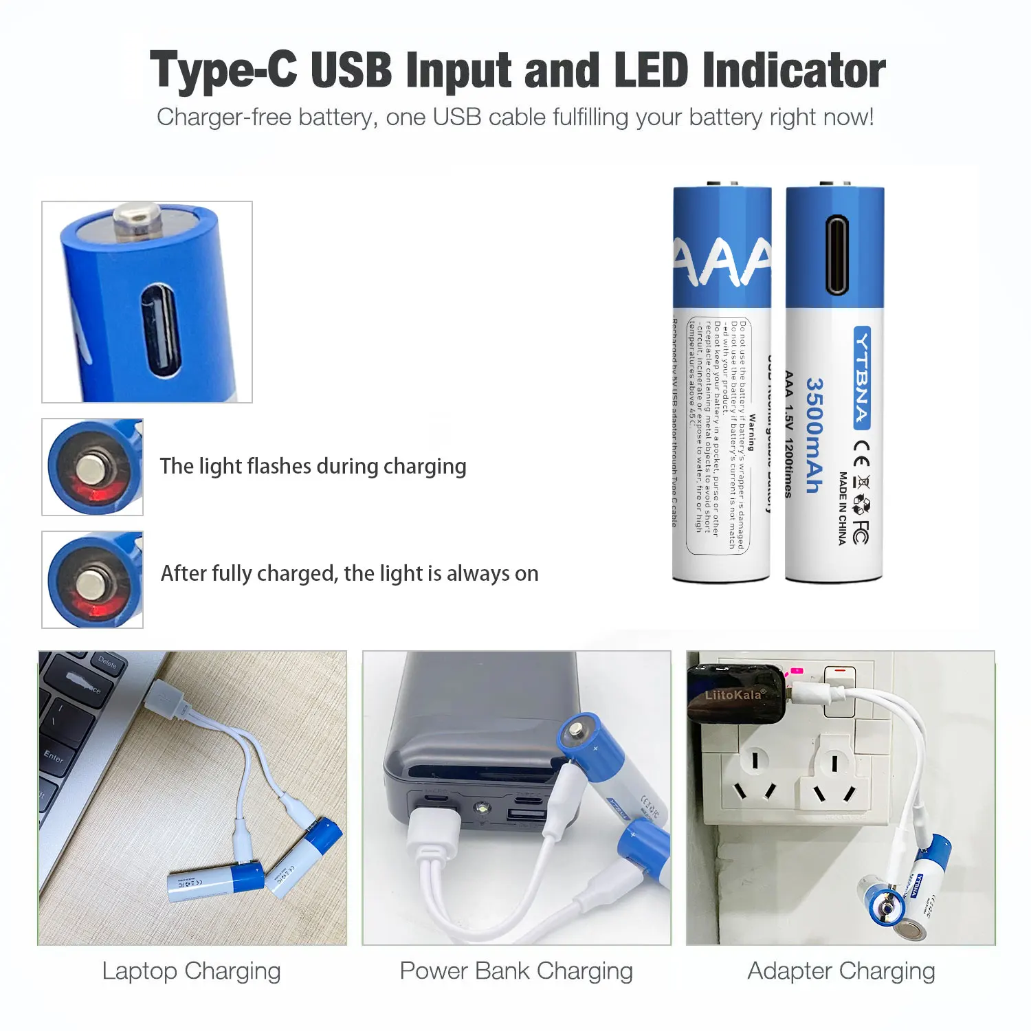 1-24 Buah YTBNA 1.5V AAA 3500MAh Baterai Isi Ulang Baterai 3A AAA Li-ion Pengisi Daya USB untuk Kamera Senter Mainan + Kabel