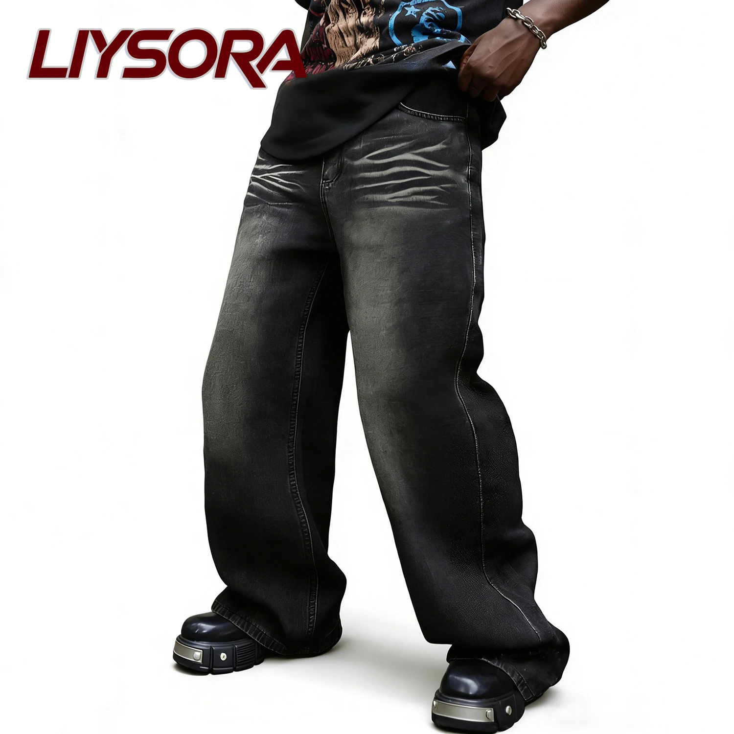

LIYSORA American Retro Men's Black Baggy Wide Leg Jeans High Street Casual Versatile Classic Denim Pants Unisex Mopping Pants