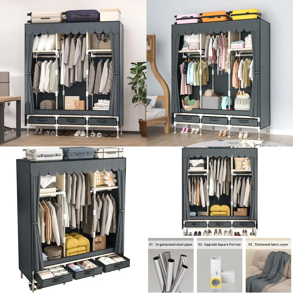Portable Armoire Wardrobe Closet with 3 Drawers and 3 Hanging Rods,Cloth Closet Wardrobe Cabinet for Hanging Clothes,Grey Cover,