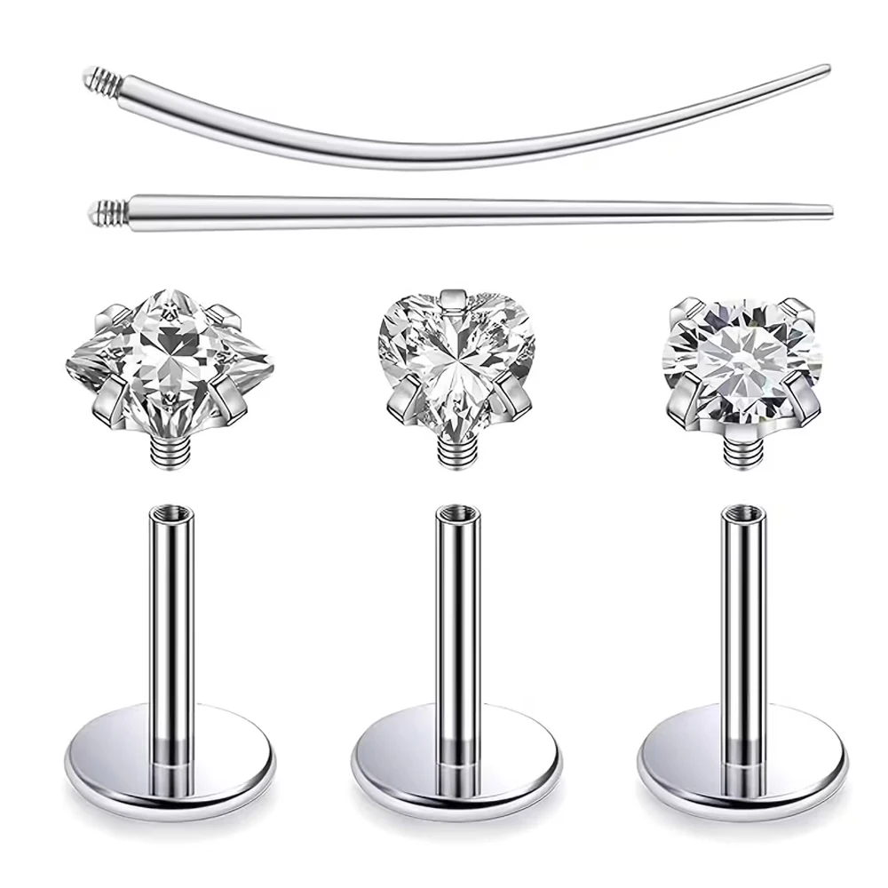 5pcs Set Stainless Steel 16G Internally Threaded Flat Square Round Heart-Shaped Earrings Lip Studs Piercings Including Needles