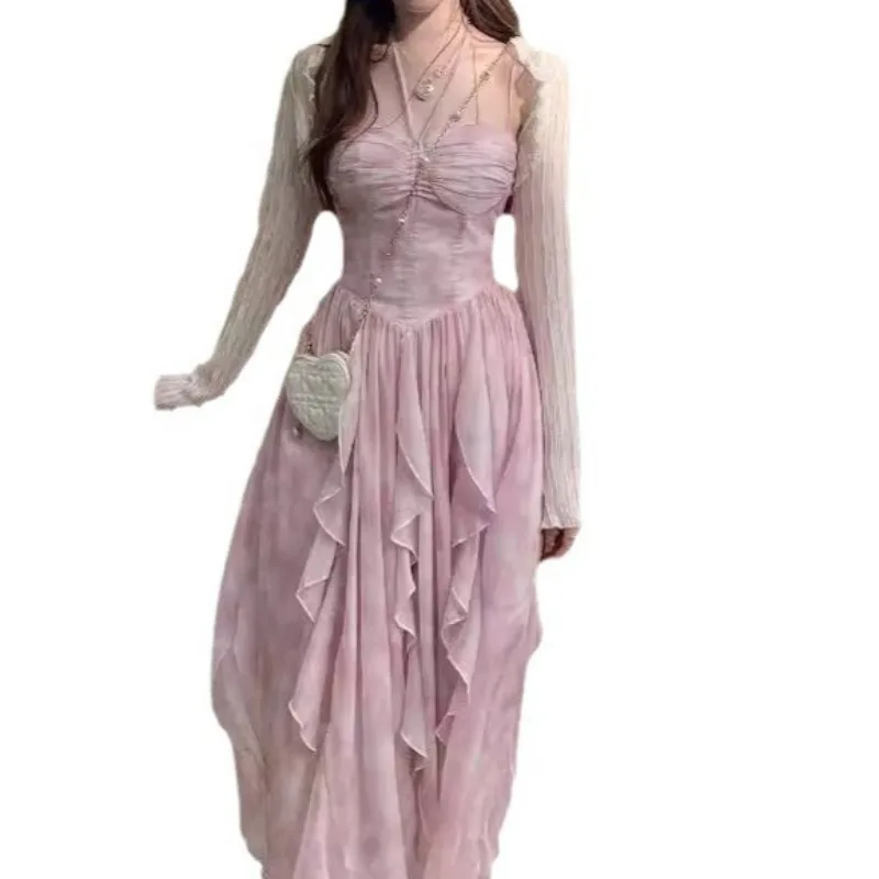 

2025 New Summer Sweet Gentle Style Pink Strap Irregular Dress Casual Blend Color Hanging Neck Dress Fairy Vacation Long Dresses
