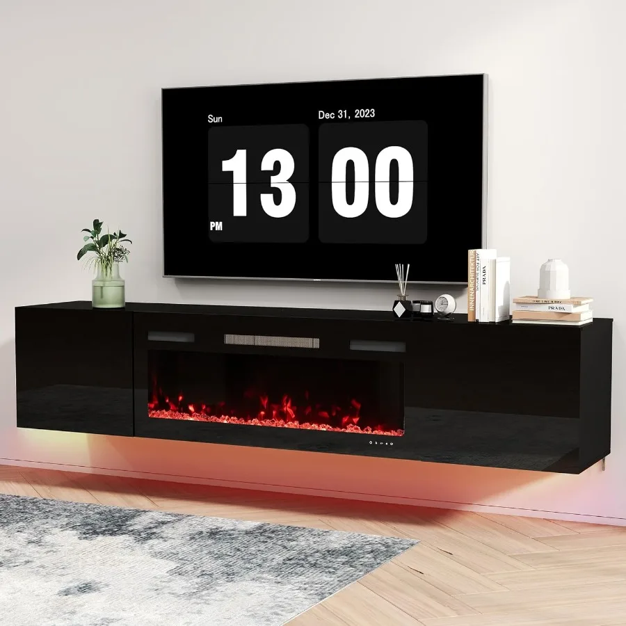 70 Floating TV Stand with 36 Electric Fireplace Wall Mounted Entertainment Center with Storage Remote Control Modern LED Lights