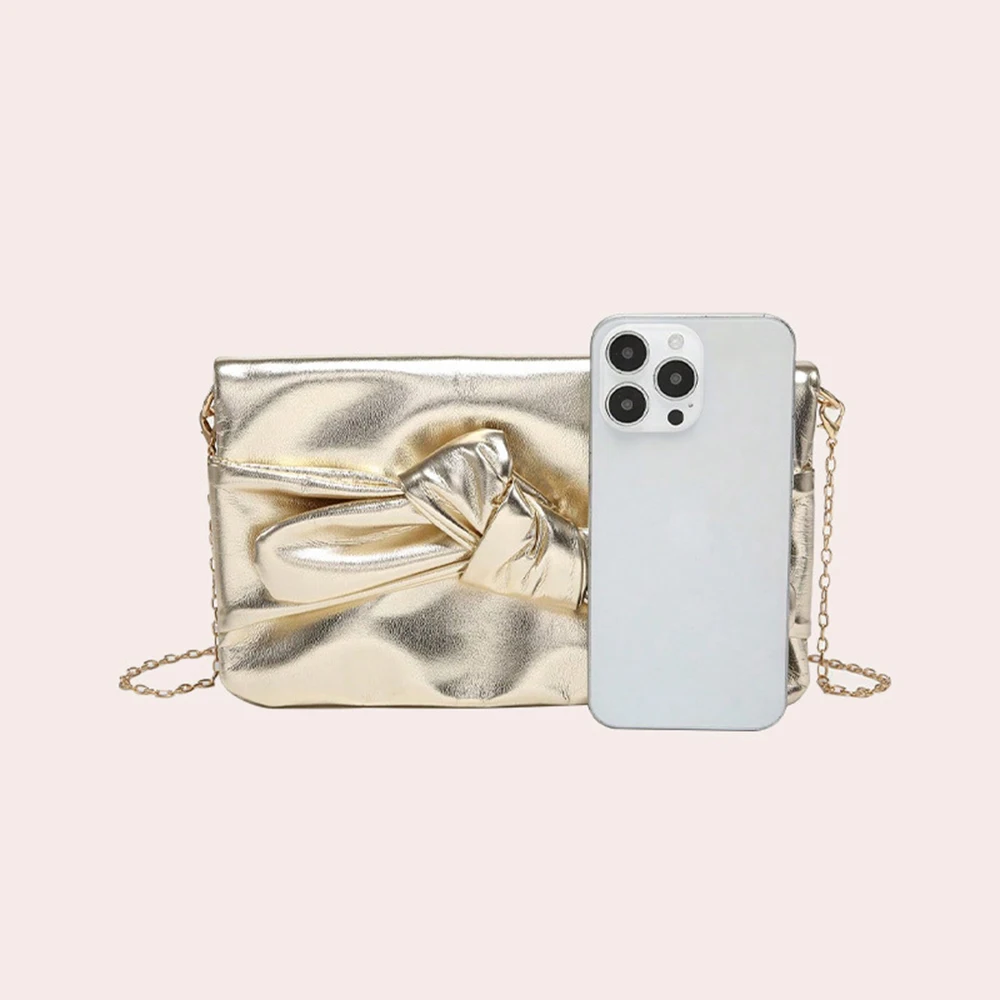 بو الجلود مطوي القوس سلسلة حقيبة كتف المرأة موضة ساحة فاخرة مساء مخلب حقيبة يد الإناث للمناسبات الرسمية