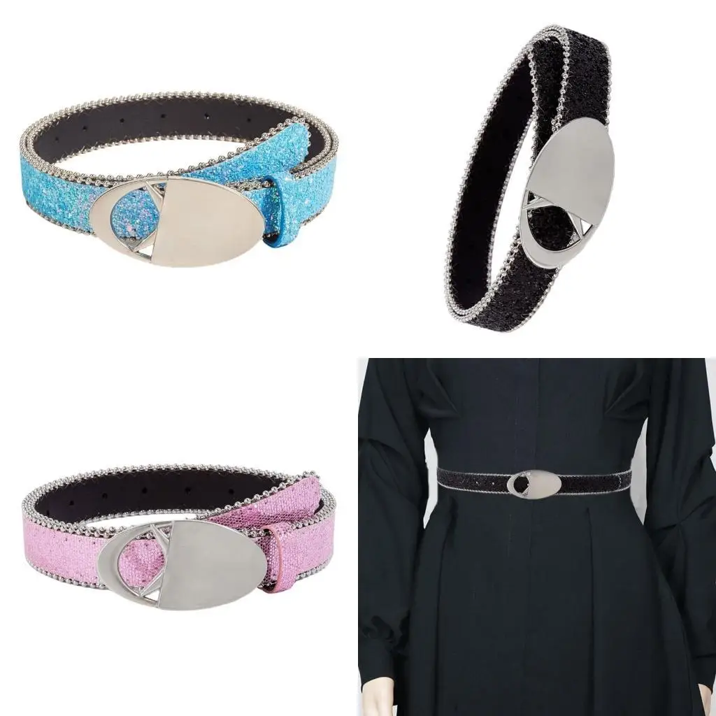 

39BD Western Waist Belt for Pants Oval Buckle PU Belt for Jeans Pants Shimmering Skinny Belt Casual Formal Waist Accessories
