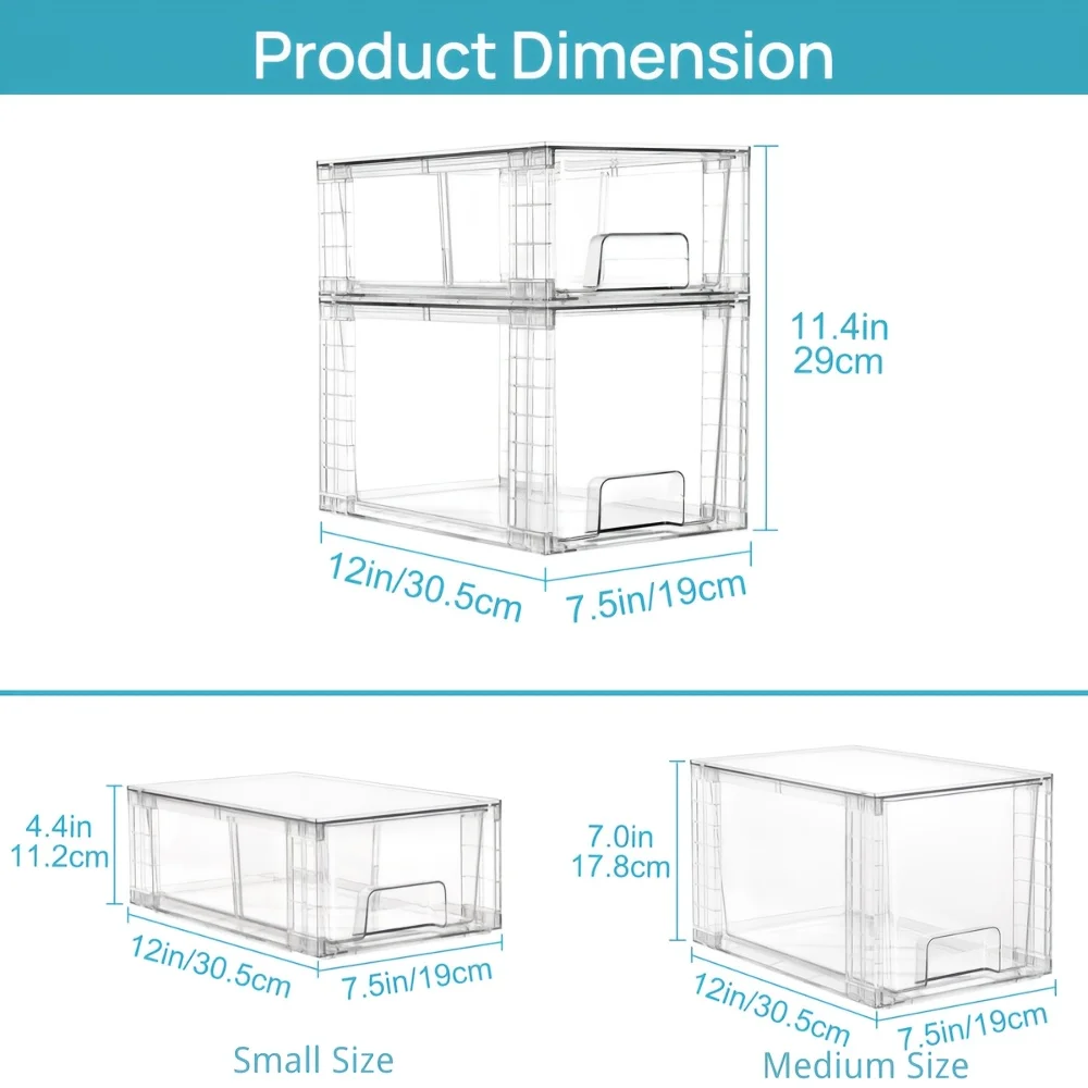 4 Pack Clear Stackable Drawers with Sliding Rails, No Tools Assembly Plastic Organizer for Under Sink,Pantry, Bathroom & Kitchen