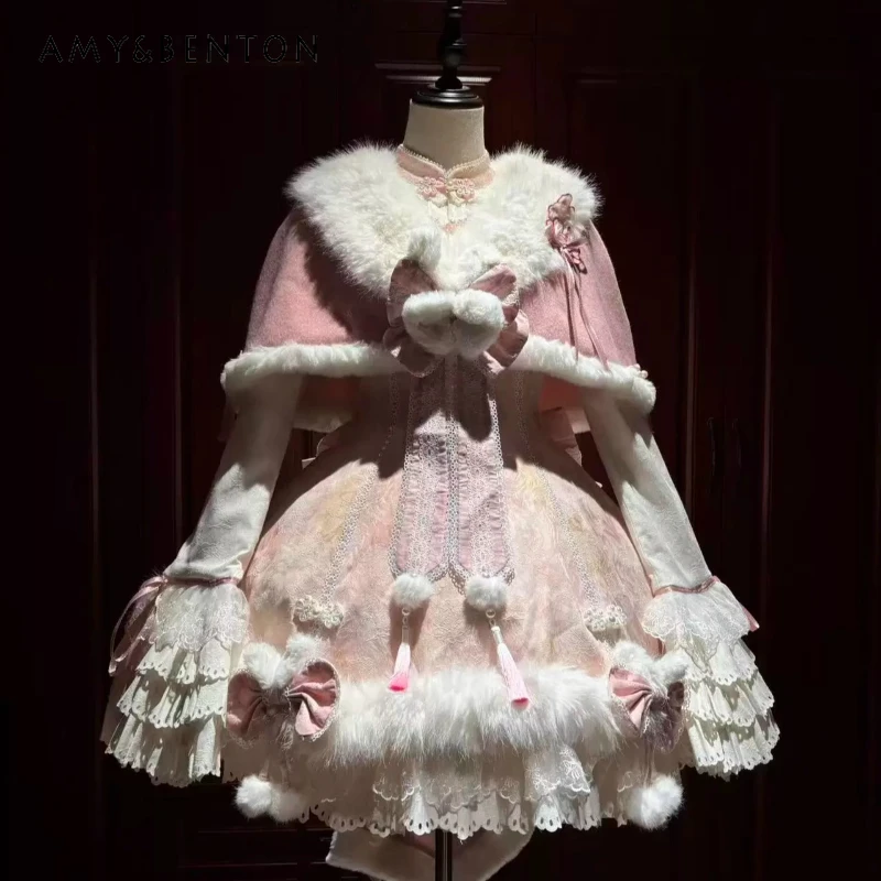 

2025 Autumn Winter New Women's Dress New Year Spring Festival Chinese Style Sweet Cute Y2k Lolita Warm Thickened Dresses Ladies