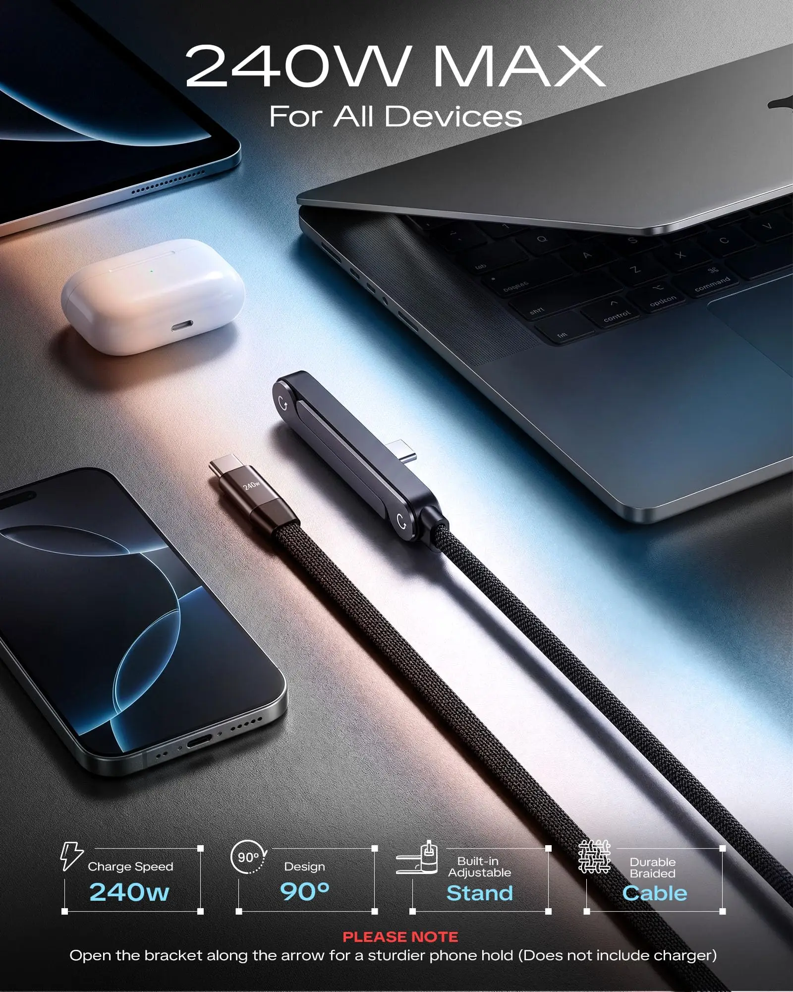 NNBILI 3/1 Stück 240W PD Schnellladekabel USB-C auf Typ-C mit klappbarem Ständer und Handyhalterung für iPhone 18/17/16 Pro, Xiaomi, HUAWEI – Detail 3