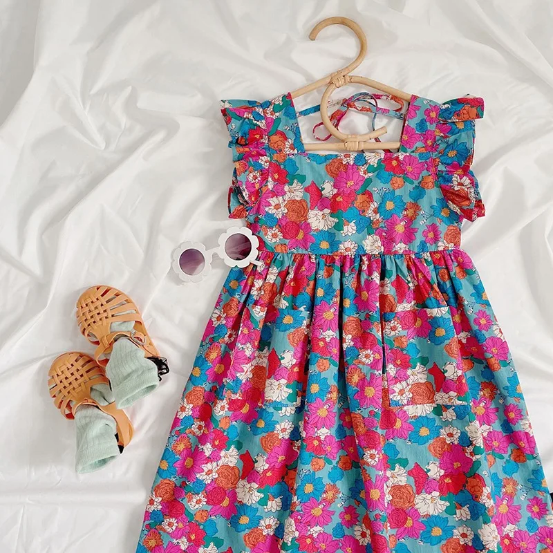 Summer Girls Floral Print Waist Puffy Dress Korean Style Fashion Party Clothes Small Flying Sleeves Cute Princess Dress