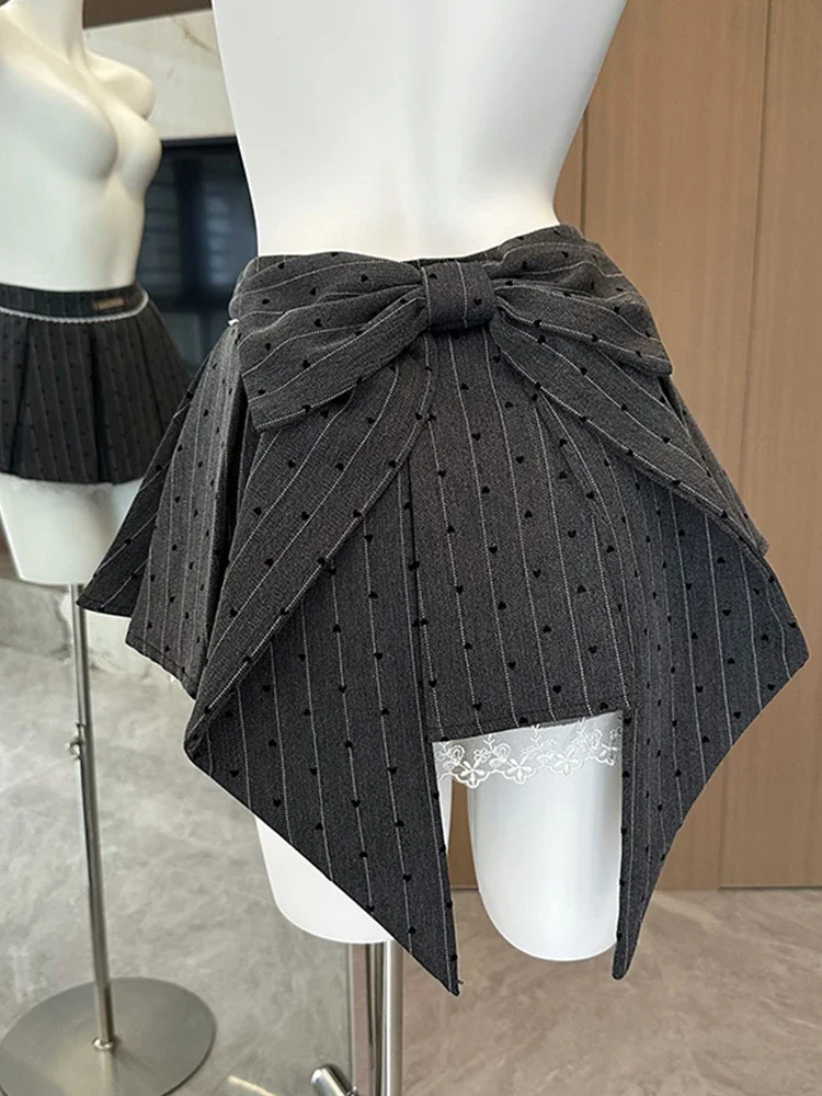 Elegant French Dots Striped Bow Mini Skirts Office Lady Causal Lace Design 2000s Outwear Skirts Korean Fashion 2024 Summer Chic