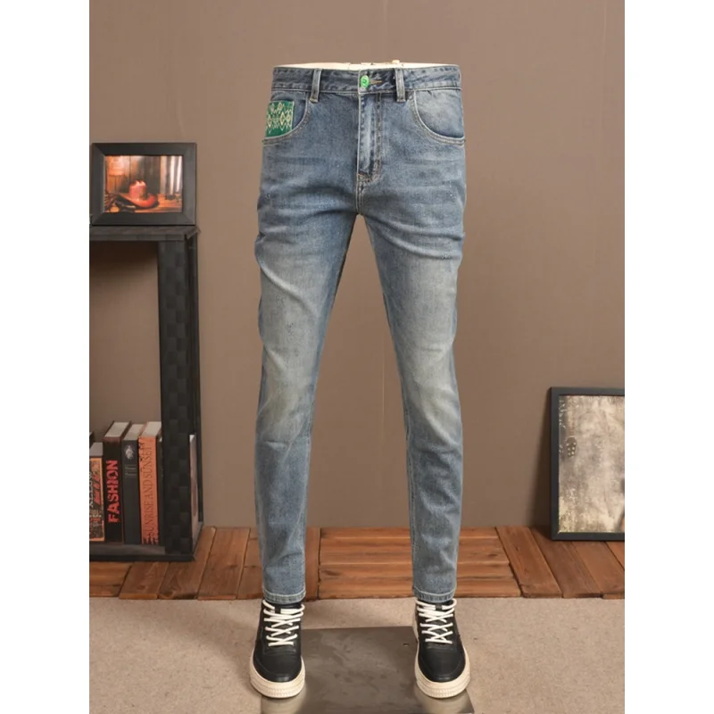 Retro Worn Jeans Men's Fashion Embroidered Printed Stretch Slim Straight High-End Fashion All-Matching Skinny Trousers