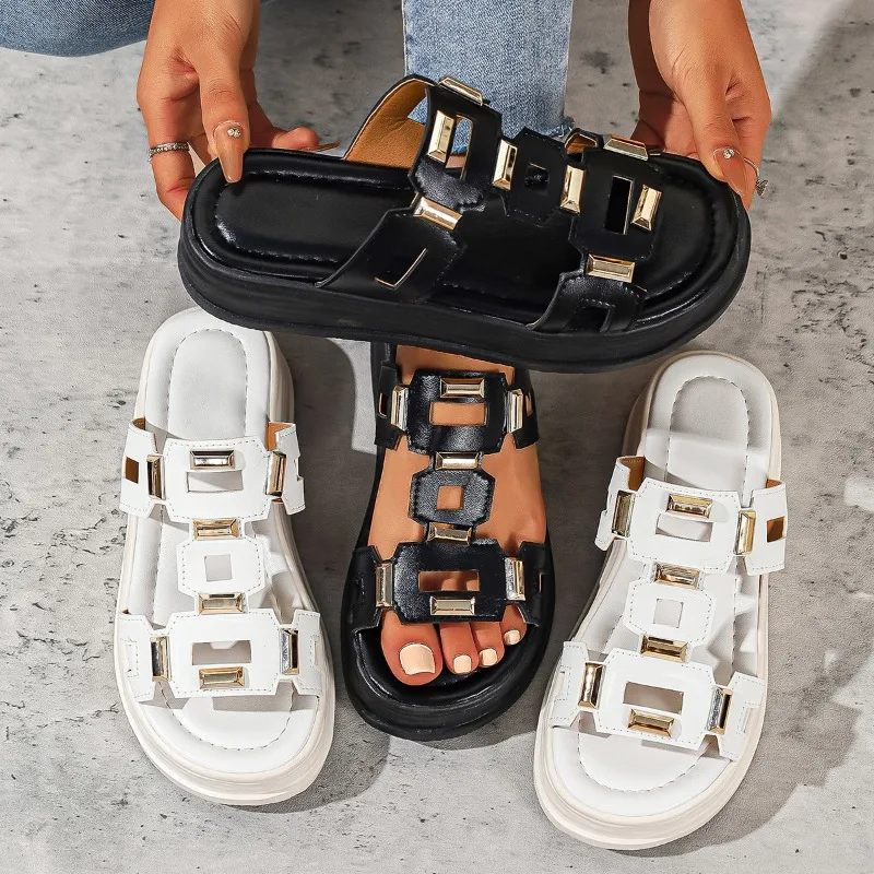 

Summer Women's Roman Style Round Open Toe Hollow Out Breathable Solid Color Slippers Women Fashion Casual Mid Heel Slippers