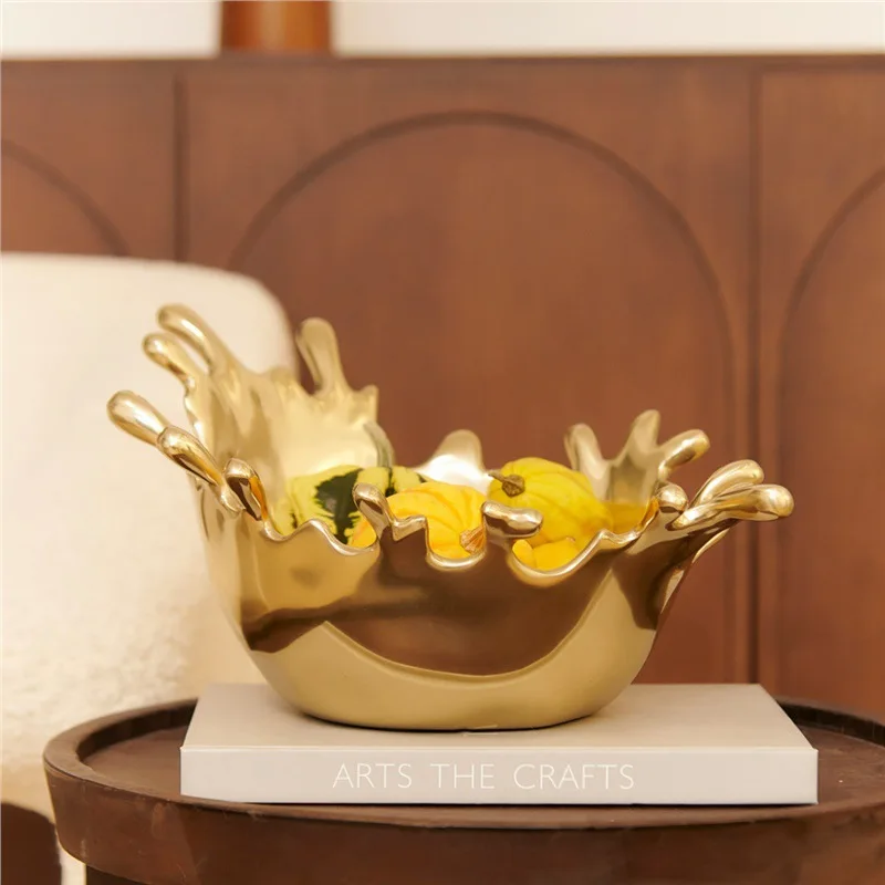 Indian craft creative golden splash shaped fruit plate, home desktop decoration metal storage fruit bowl tray ornament