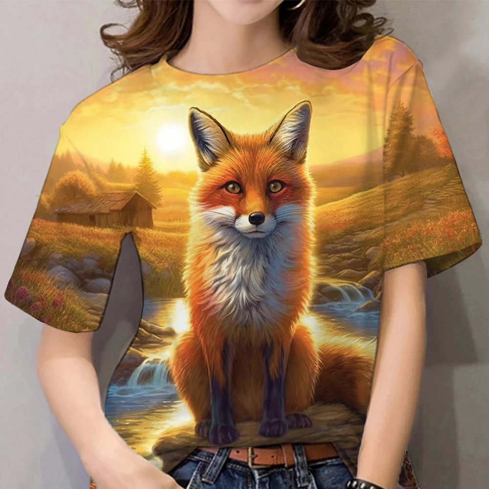 3D Cartoon Animal Print Fashion Cute Fox Pattern Women\'s T-shirts Casual Summer Short Sleeves Tees Tops Female Clothing Pullover