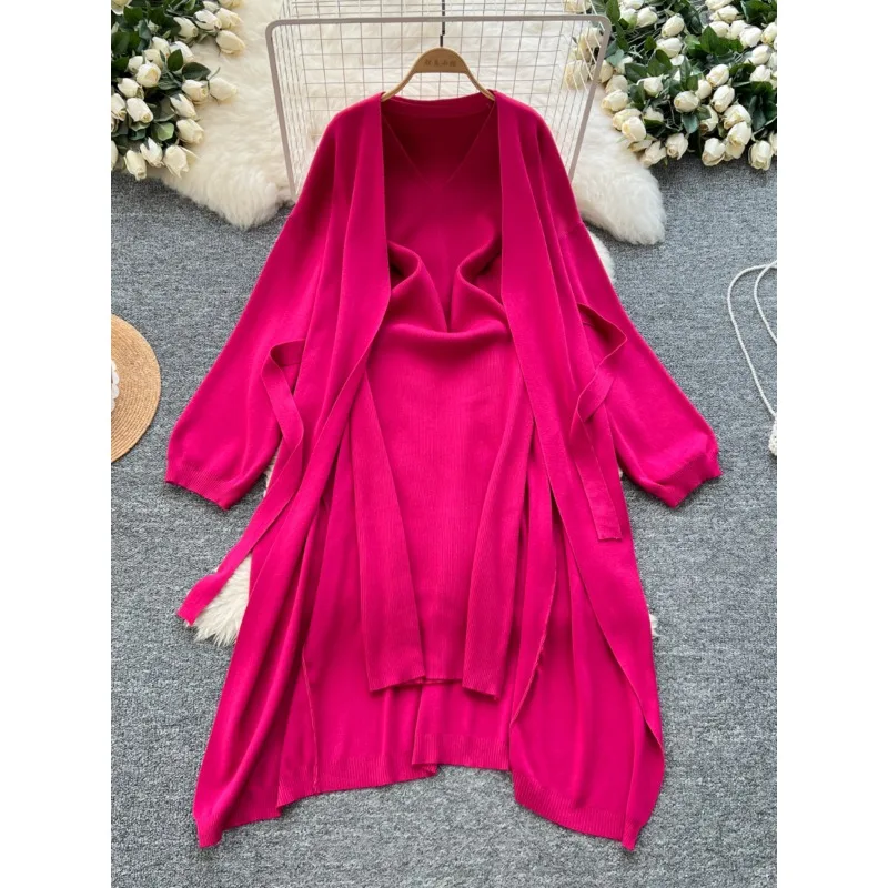 

Модное однотонное трикотажное платье, костюм, женское зимнее платье без рукавов с v-образным вырезом, свободный кардиган, куртка миди, женские комплекты из 2 предметов