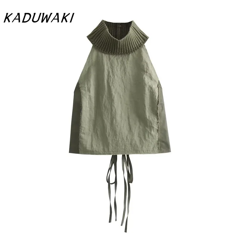 

KADUWAKI New Cross Lace Up Backless Halter Women's Crop Vest Tops Nylon Patchwork Frayed Trim Decoration Pants Casual Lady 4pc