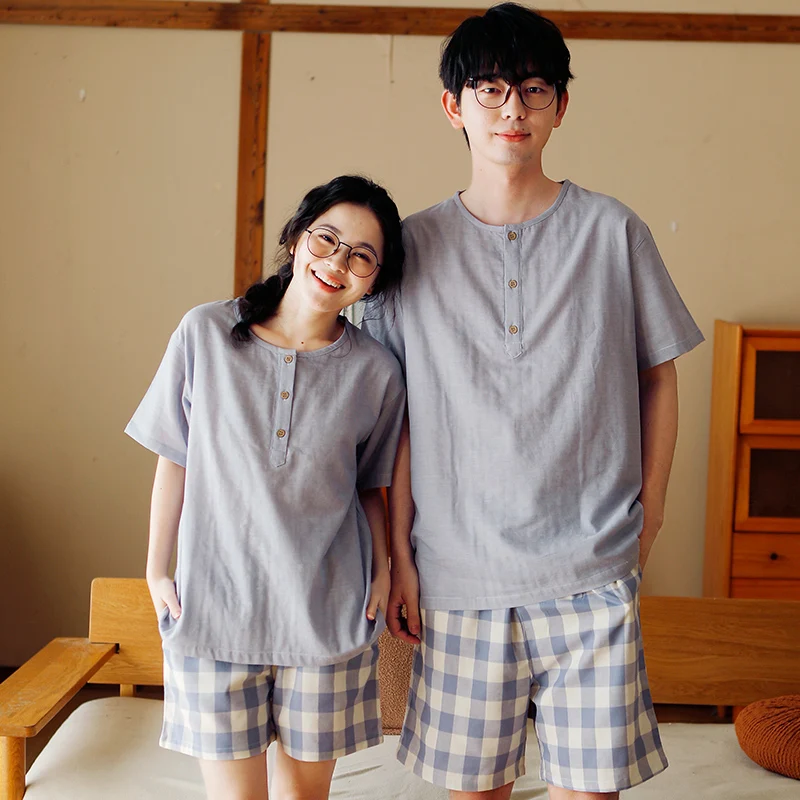 

Couple's sleepwear made of 100% pure cotton fabric, men's summer short sleeved shorts, high-end cotton yarn home clothes
