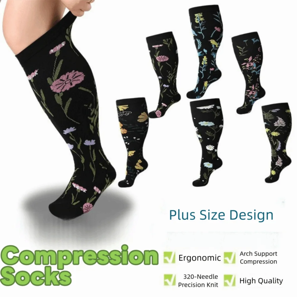 

Plus Size Compression Socks Flower Pattern High Elastic Stretch Pressure Stockings Reducing Swelling Circulation Support