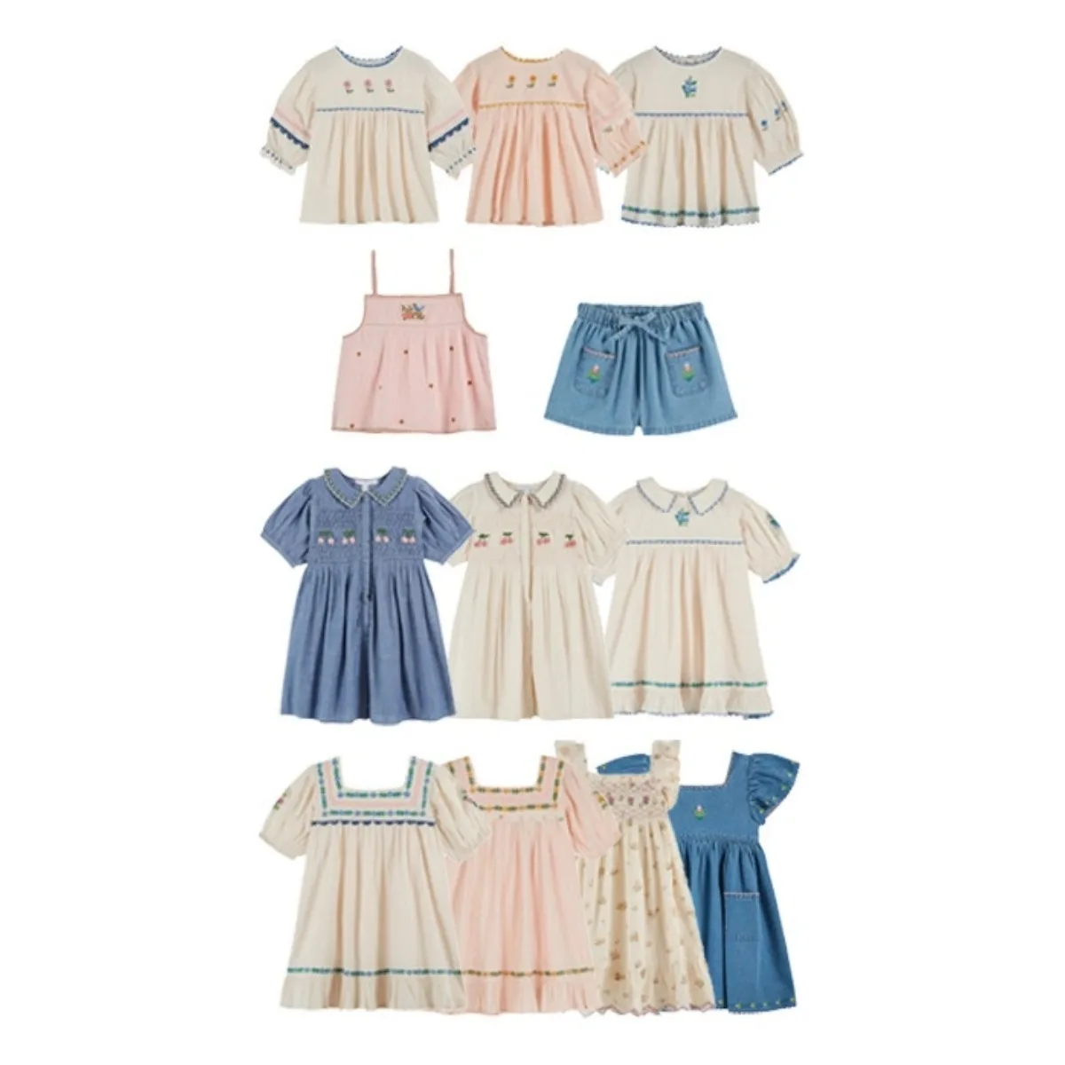 

2026SS EM Children's Dress Girls' Heavy Industry Embroidered Flower Flying Sleeve Cowboy Skirt