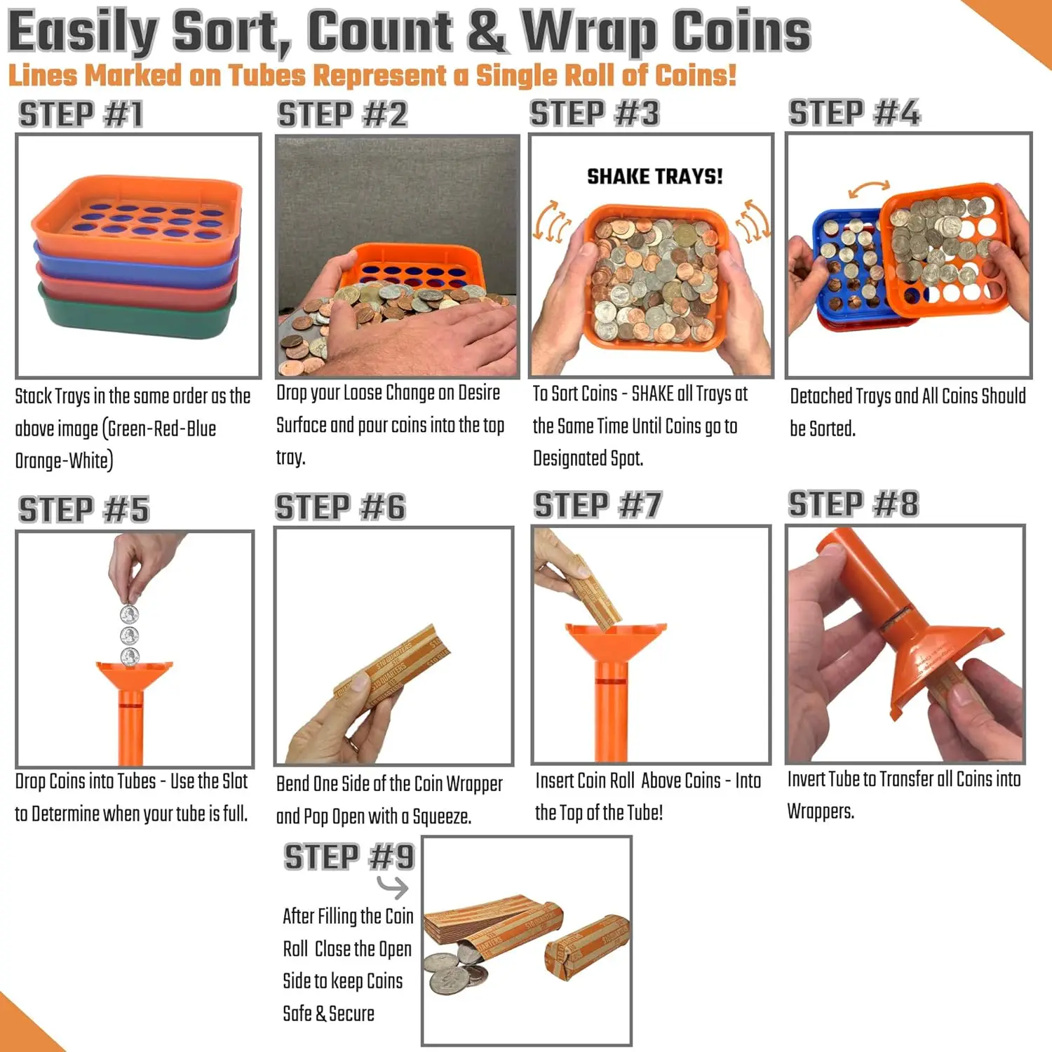 Coin Counters Tubes & 4 Color-Coded Coin Sorters Tray，Bundle with 100-Count Assorted Coin Roll Wrappers Paper for US Coins