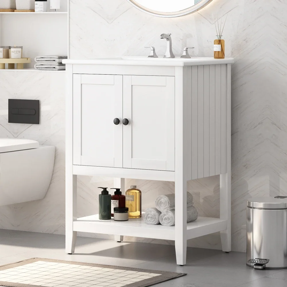 

24" White Modern Sleek Bathroom Vanity Elegant Ceramic Sink With Solid Wood Frame Open Style Shelf