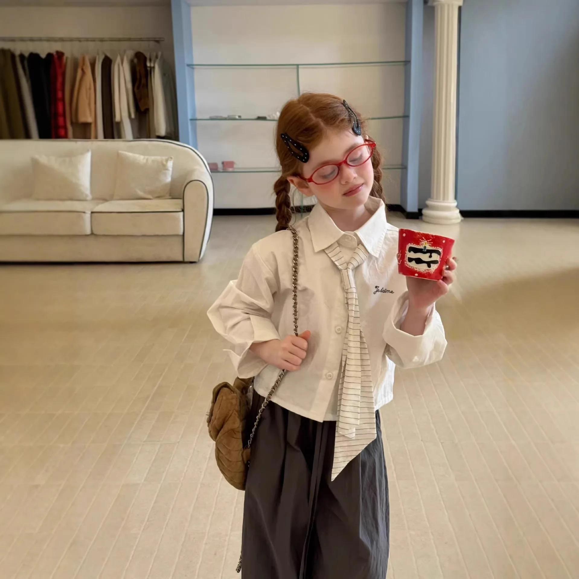 

2026 Spring Autumn New Girls Fashion Solid Embroidered Shirt College Style Tie Cotton Top White Shirt