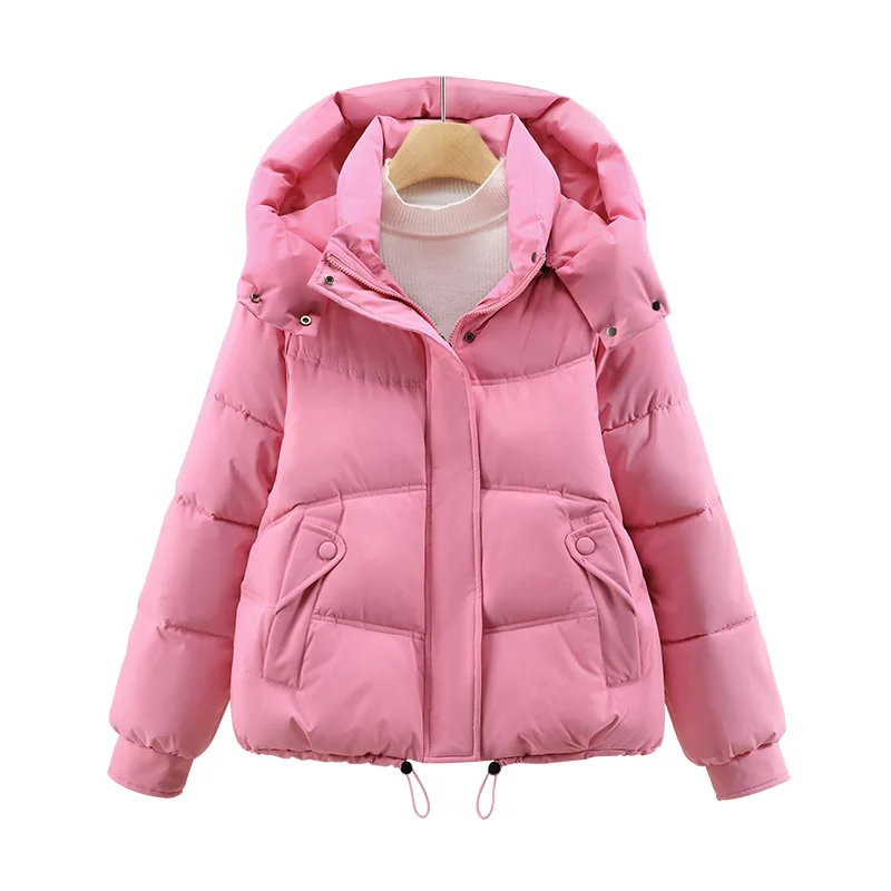 Solid Parkas Coats Women Short Jackets Detachable Hooded Drawstring Zipper Pocket Long Sleeves Thick Loose Casual 2025 Winter