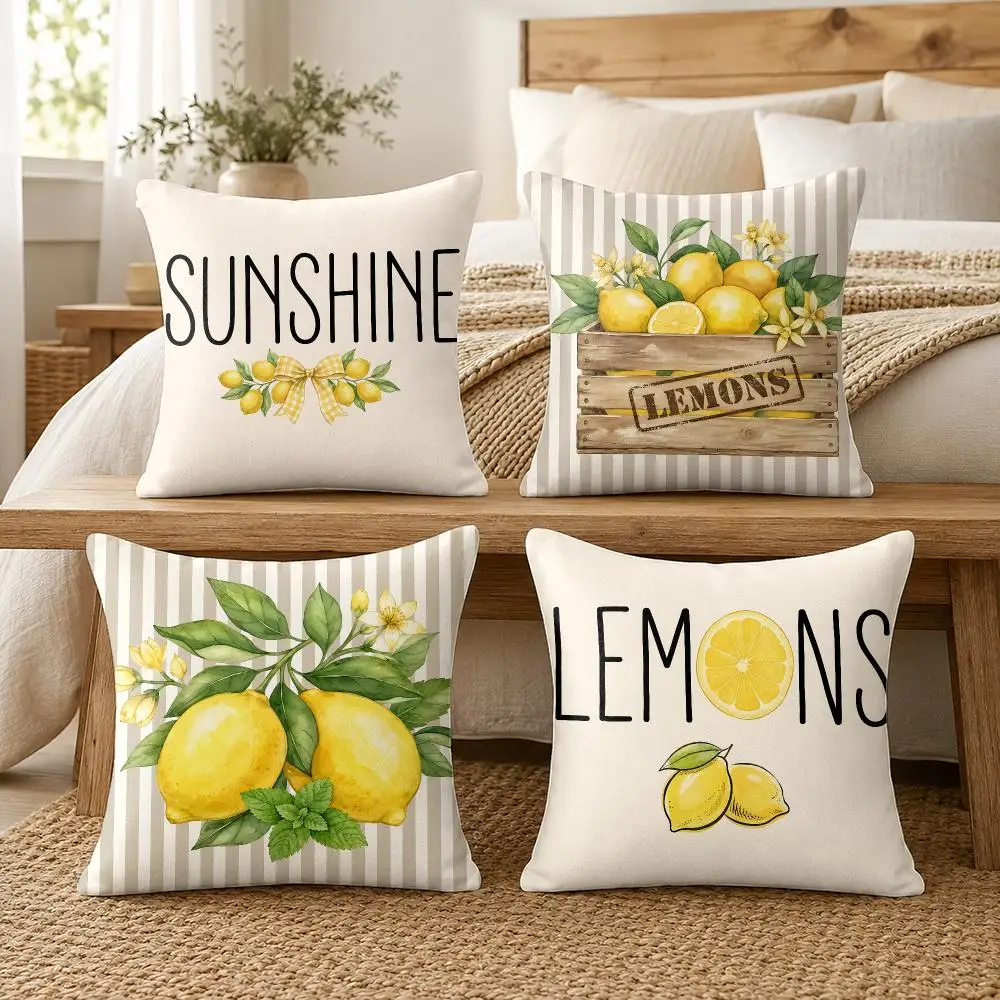 Fresh Lemon Pattern Cushion Cover Soft Short Plush Pillow Cover Smooth Cozy Texture Cushion Case Home Decor