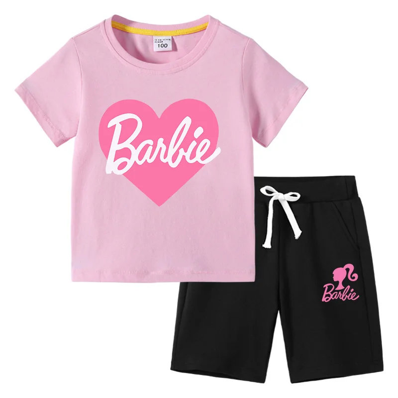 2024 Boy Girls krótki rękaw szorty dwuczęściowy zestaw Kawaii Anime Barbie bawełniany t-shirt letni miękki wycięcie pod szyją casualowe białe koszulki