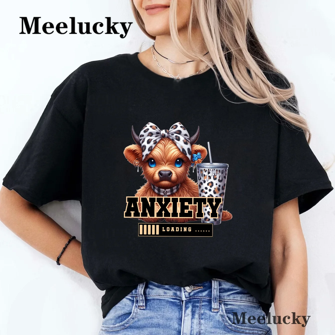 Cute Highland Cow Anxiety Loading T Shirt Women Cotton Short Sleeve Loose Casual Street Women\'s Clothing