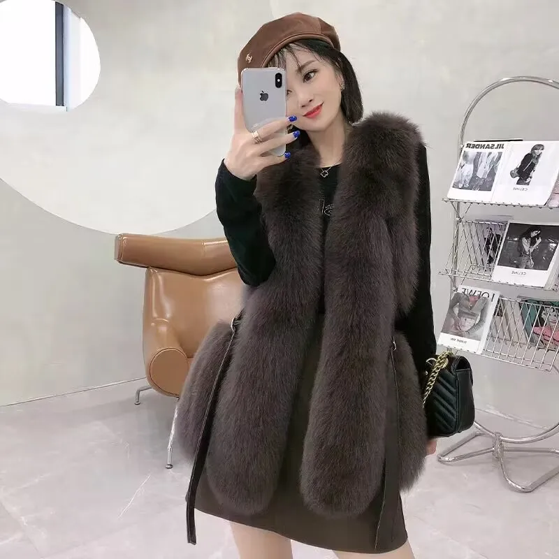 New Autumn and Winter High Quality Natural Fox Fur Fur Coat Fox Fur Sleeveless  Vest Jacket Woman In The Long Waistcoat